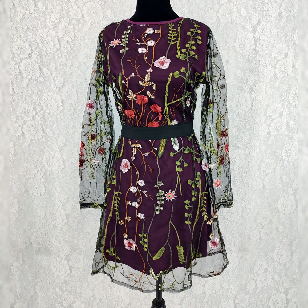 Purple Floral Embroidery Long Sleeve Mesh Dress